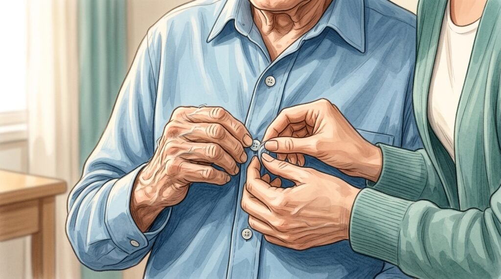 Mani anziane aiutate ad abbottonare una camicia: degenerazione corticobasale – Parkinson.live