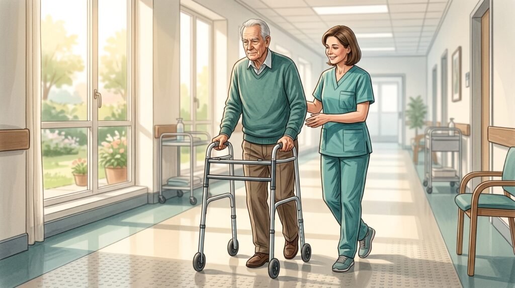Uomo anziano con deambulatore e fisioterapista: parkinsonismo vascolare – Parkinson.live
