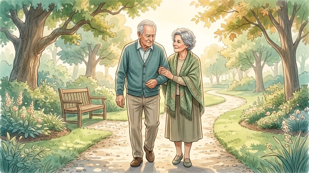 Coppia di anziani che cammina in un parco: idrocefalo normoteso – Parkinson.live