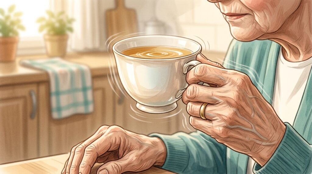 Mano anziana che porta alla bocca una tazza di tè: tremore essenziale – Parkinson.live