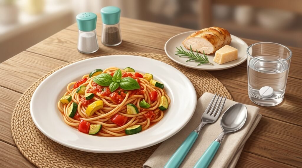 Piatto di pasta con verdure, un piccolo piatto di carne e formaggio a parte e un bicchiere d’acqua con una compressa: levodopa e pasti nel Parkinson – Parkinson.live