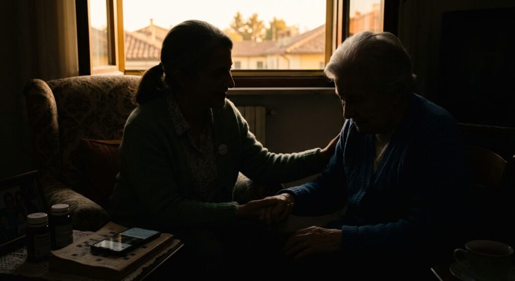 Una figlia tiene le mani della madre anziana in controluce davanti alla finestra: assistere una persona con Parkinson – Parkinson.live