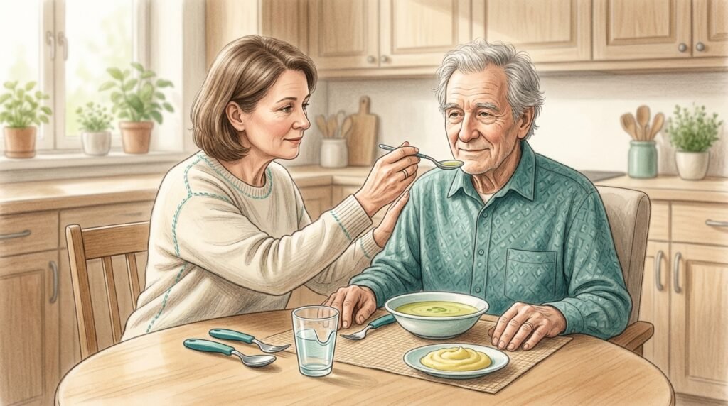 Donna che aiuta un uomo anziano a mangiare una crema di verdure con posate a impugnatura larga: nutrire una persona con Parkinson – Parkinson.live