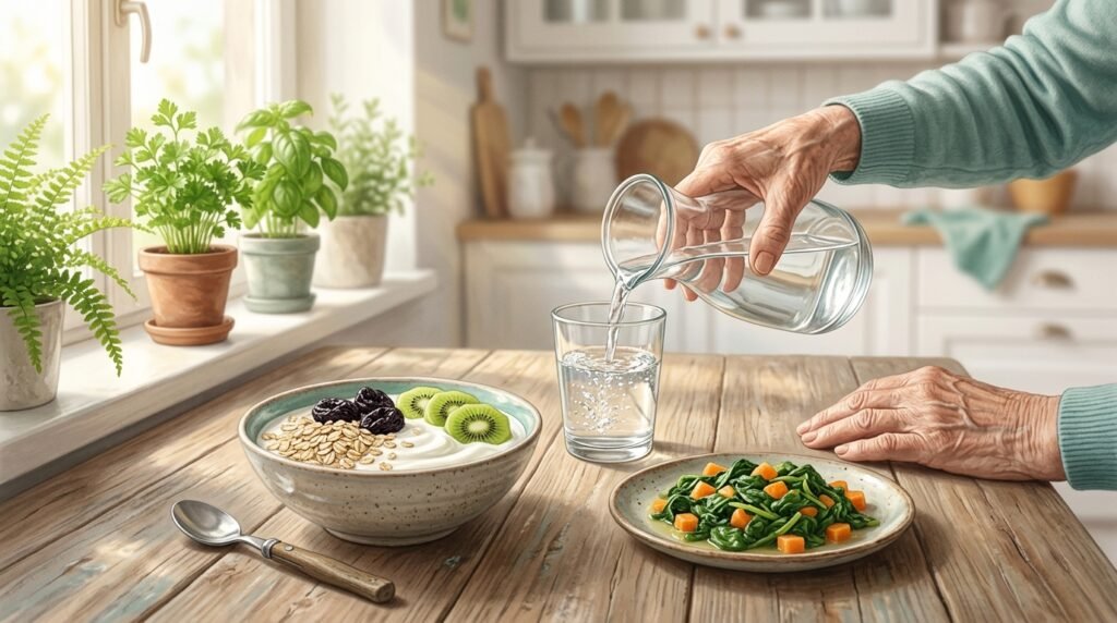 Yogurt con avena, prugne e kiwi, verdure cotte e un bicchiere d’acqua versato da una mano anziana: stitichezza nel Parkinson – Parkinson.live
